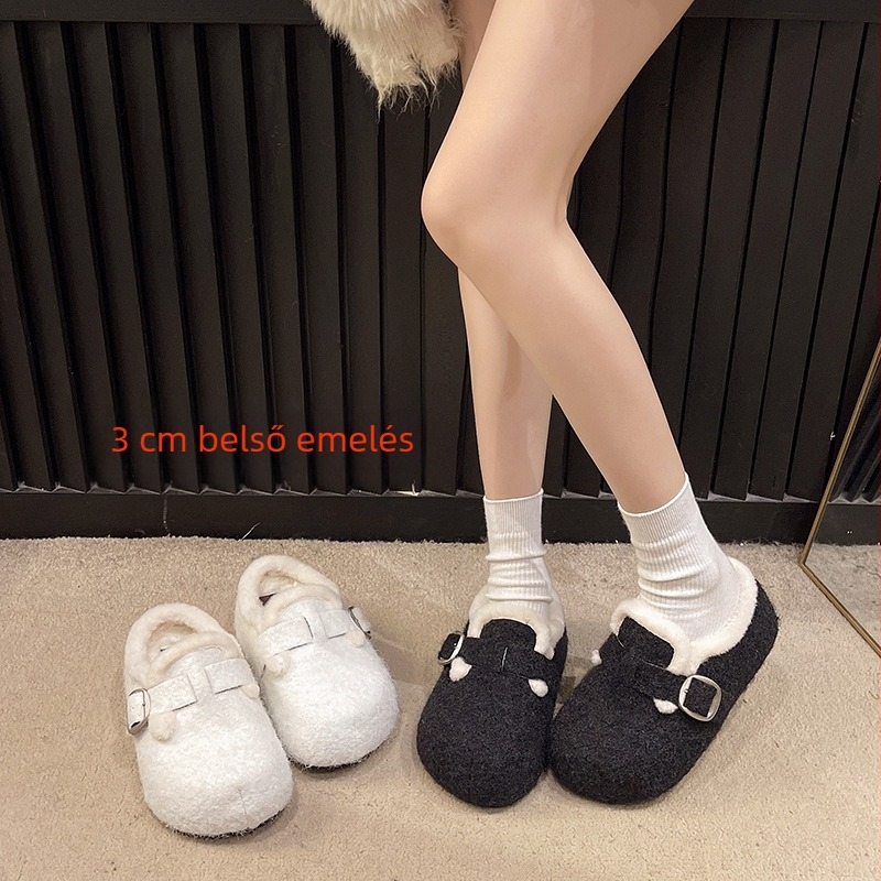Birkenstock-stílusú lányoknak, fleecével bélelt belsővel, PU felsőrész, gumi talp, kerek orr, koreai stílus