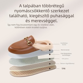 Barphil női prémes papucs Horsebit részlettel, PU bőr felsőrész, TPR talp, lapos sarok, őszi-téli 2025