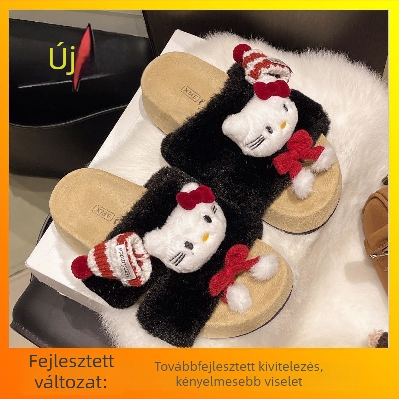 Meleg plüss papucs 3–5 cm vastag talppal, PU felsőrész, gumitalp, magasság növelő, csúszásmentes