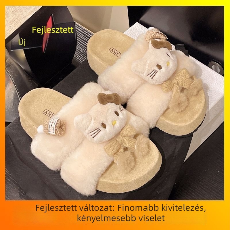 Meleg plüss papucs 3–5 cm vastag talppal, PU felsőrész, gumitalp, magasság növelő, csúszásmentes