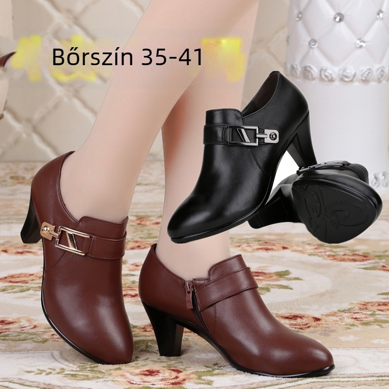 Női bőrcipő, légáteresztő, oldalsó cipzár, kerek orr, 6-8 cm magas sarok, PU talp, tavasz-ősz viselet