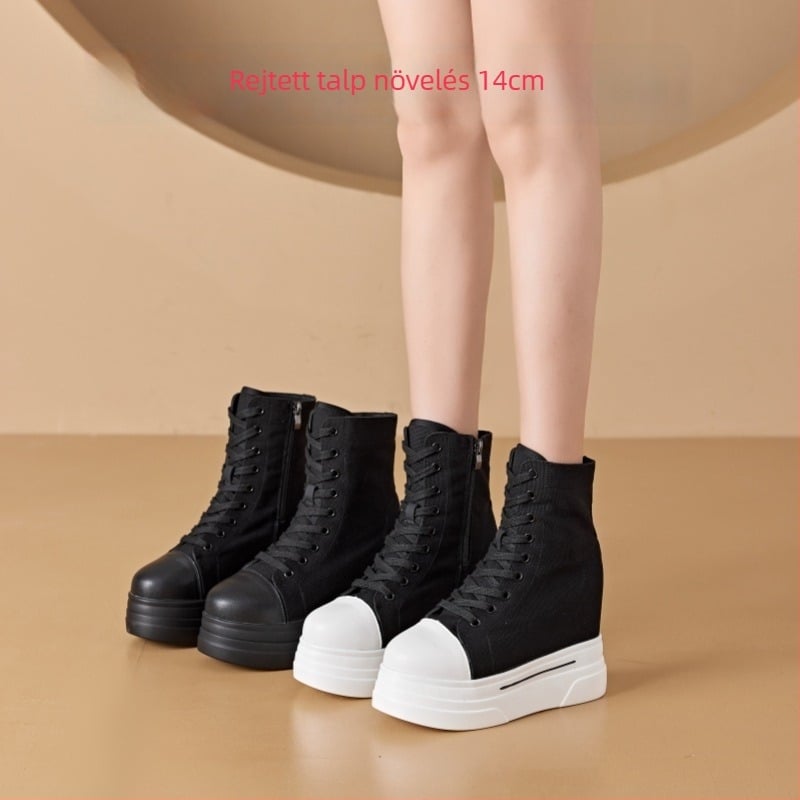 Női vászon platform cipő, koreai stílus, 6–8 cm-es magas sarok, légáteresztő PU talp, elöl fűző