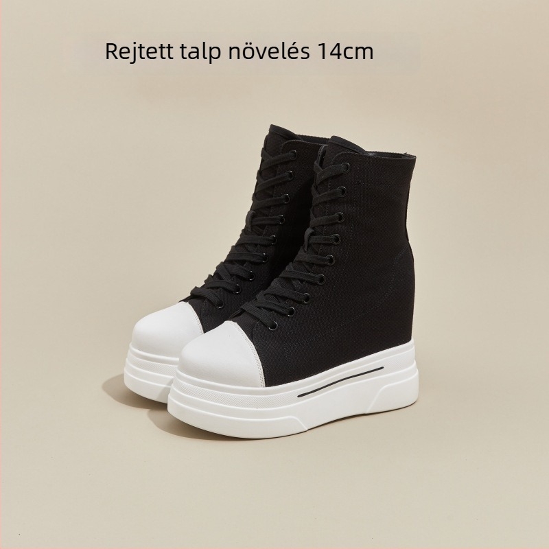 Női vászon platform cipő, koreai stílus, 6–8 cm-es magas sarok, légáteresztő PU talp, elöl fűző
