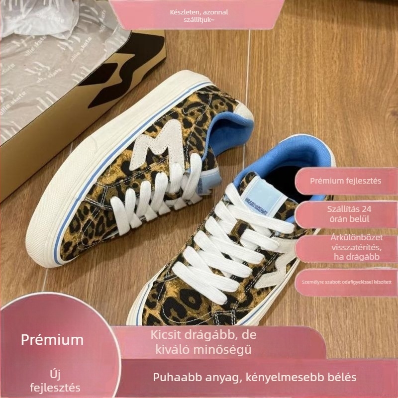 Női gördeszka cipő leopárd mintával, felsőrész mű plüss, gumitalp, fűzős zárás, sarok nélküli (0–1 cm)