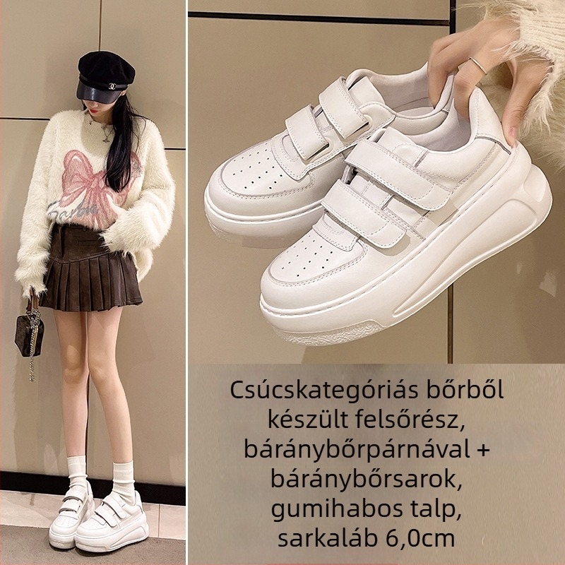Platformos mindennapi női sportcipő, felsőrész első réteg marhahúrból, belső rész latex és juhbőr, platform 3–5 cm, talp gumihab, zárás elöl kötővel