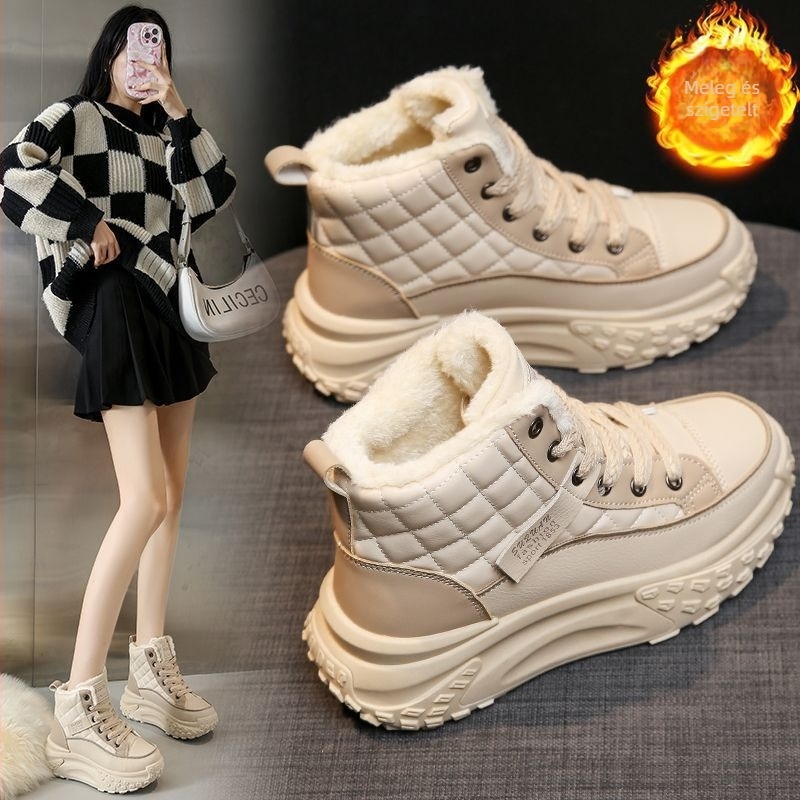 Női koreai stílusú téli cipő fleece-béléssel és vastag talppal, PU felsőrész, belső műszőrbélés, gumi talp, kerek orr, 3-5 cm sarokmagasság