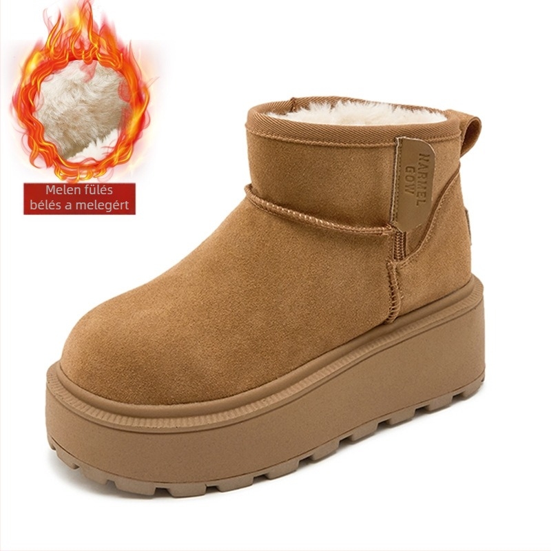 Női valódi bőrből készült hócsizma meleg gyapjú béléssel, alacsony bokakivágás, PU+gumi talp, slip-on, meleg és csúszásmentes