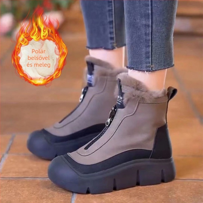 Senxingyu Női téli hócipő, fleece béléses, PU felsőrész alacsony bokában, vastag talp, elülső cipzár