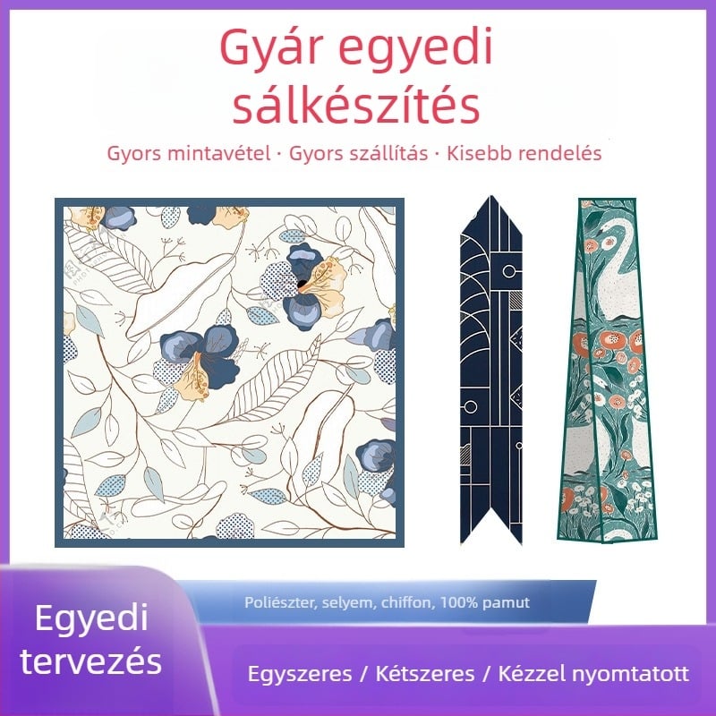 Kétoldalas nyomtatású selyemsál, négyszögletes, szatén szövésű, >96% selyem, egyedi márkás ajándék