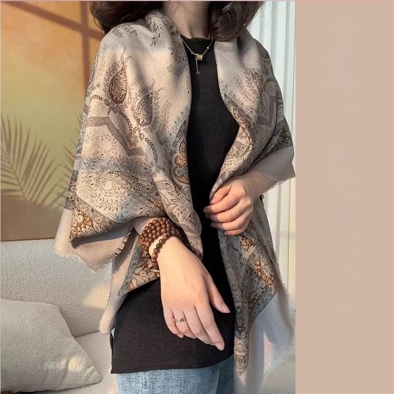 Négyzet alakú selyem-gyapjú sál - dupla oldalú nyomtatás, twill szövés, tégla minta, őszi-téli női luxus sál