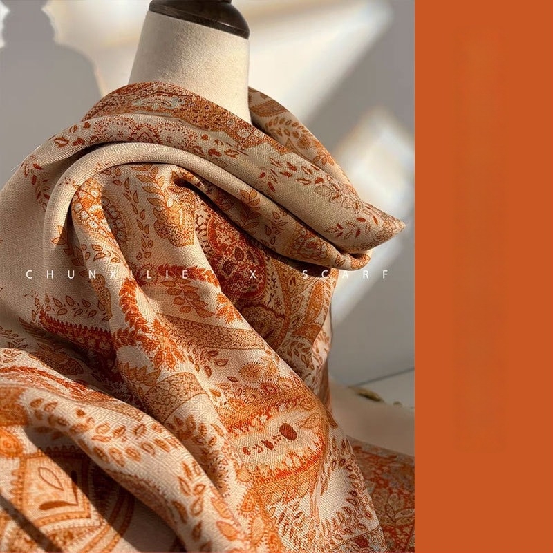 Négyzet alakú selyem-gyapjú sál - dupla oldalú nyomtatás, twill szövés, tégla minta, őszi-téli női luxus sál