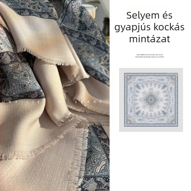 Négyzet alakú selyem-gyapjú sál - dupla oldalú nyomtatás, twill szövés, tégla minta, őszi-téli női luxus sál