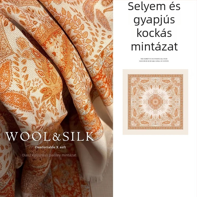 Négyzet alakú selyem-gyapjú sál - dupla oldalú nyomtatás, twill szövés, tégla minta, őszi-téli női luxus sál