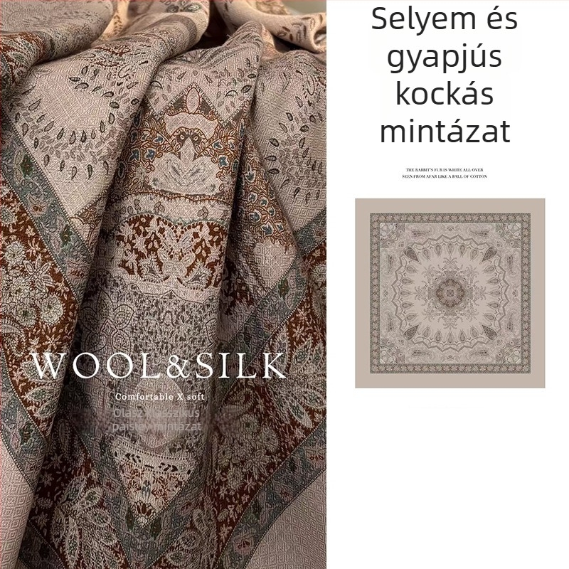 Négyzet alakú selyem-gyapjú sál - dupla oldalú nyomtatás, twill szövés, tégla minta, őszi-téli női luxus sál