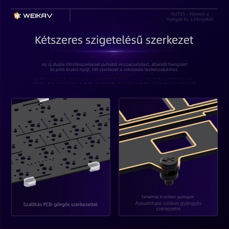 Weikav Nut65 Három-módus alumínium mechanikus billentyűzet gasket szerkezet készlet | Legfeljebb 87 billentyű, RGB háttérvilágítás, vezetékes kapcsolat, 1,5 m kábel
