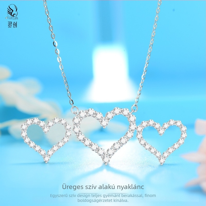 S925 Sterling ezüstből készült üreges szív medálos nyaklánc és fülbevaló készlet cirkóniával