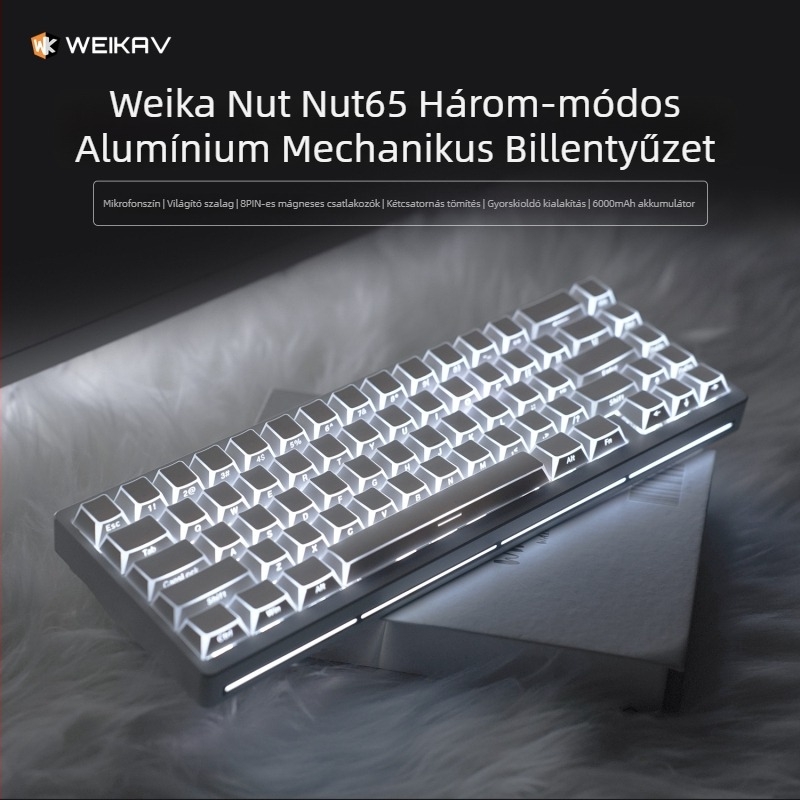 Weikav Nut65 Hárommódos Alumínium Gasket billentyűzet készlet RGB háttérvilágítással, 87 billentyűig