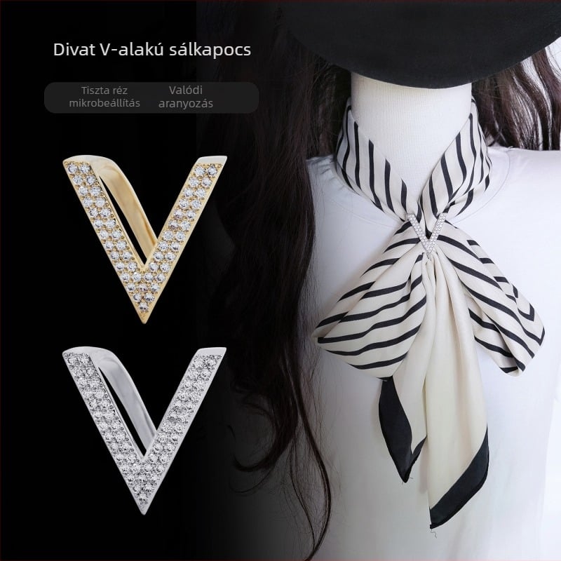 Réz V- alakú sálkapocs, cirkóniával díszítve, minimalist női kiegészítő, mikro pavé felület