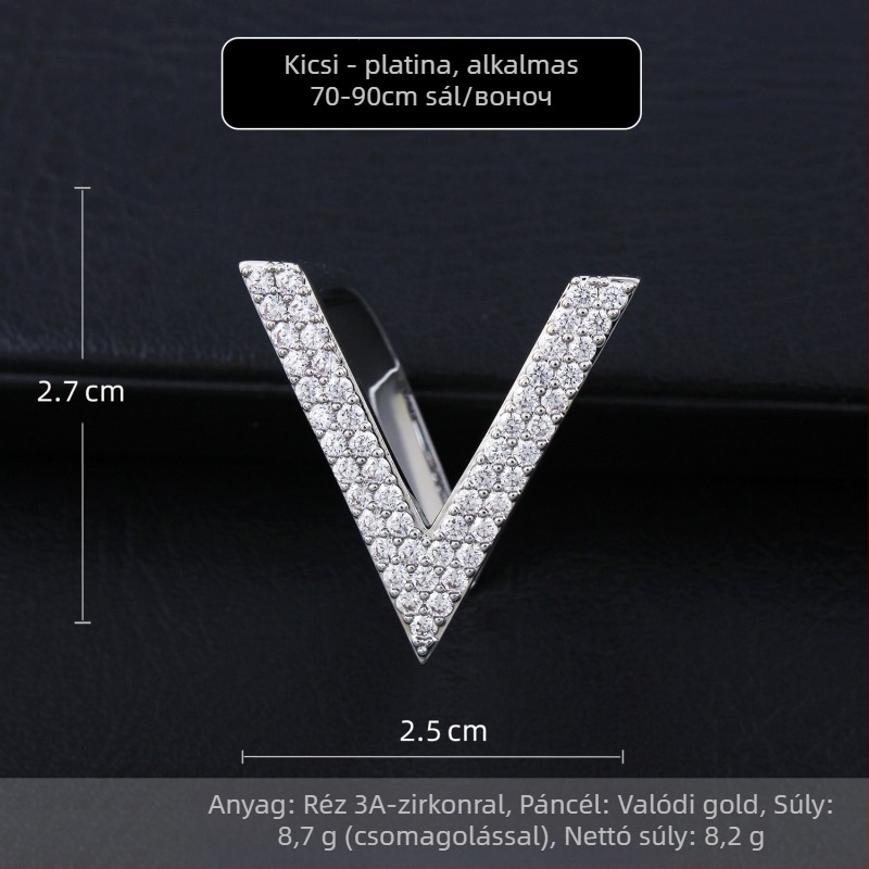 Réz V- alakú sálkapocs, cirkóniával díszítve, minimalist női kiegészítő, mikro pavé felület