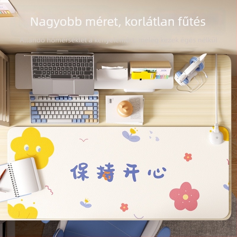 Melegítő asztali egérpad PU+PVC bőrrel, elektromos fűtőpad, kézmelegítő funkció, rajzfilmszerű stílus