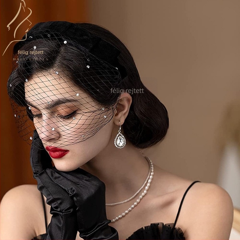 Retro hálós fátyolos fejpánt strasszokkal, kézzel készített hajkiegészítő