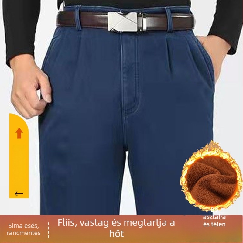 Férfi farmernadrág, egyenes szabású, magas derekú, fleece béléssel, dupla plisével, nagy rugalmassággal