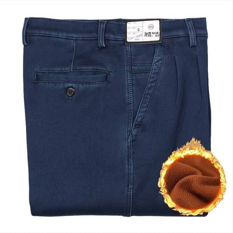 Férfi farmernadrág, egyenes szabású, magas derekú, fleece béléssel, dupla plisével, nagy rugalmassággal