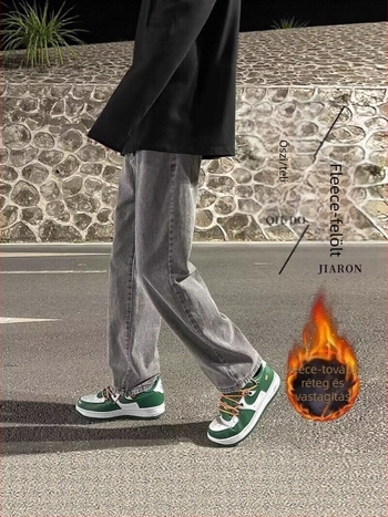 Férfi egyenes szabású farmer Hongkong-stílusban, fleece belsővel, 50% pamut, cipzáras zárás