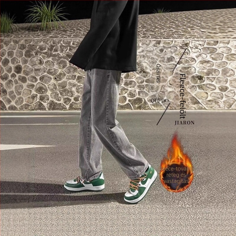 Férfi egyenes szabású farmer Hongkong-stílusban, fleece belsővel, 50% pamut, cipzáras zárás