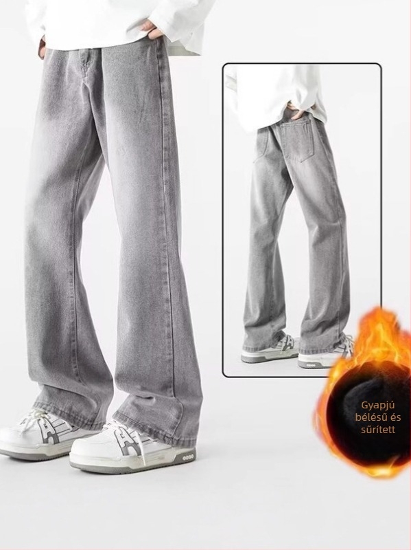 Férfi denim nadrág mikro flare-rel és fleece béléssel, amerikai stílusú egyenes szárú mindennapi farmer