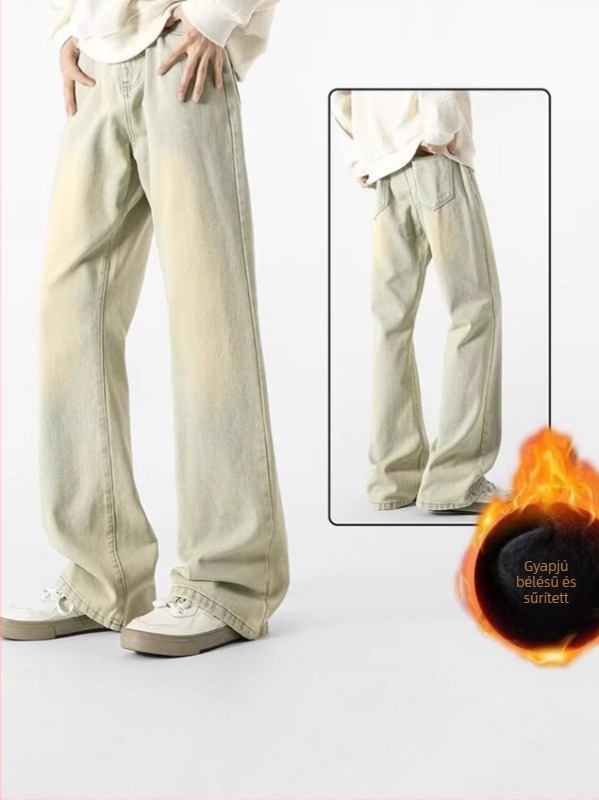 Férfi denim nadrág mikro flare-rel és fleece béléssel, amerikai stílusú egyenes szárú mindennapi farmer