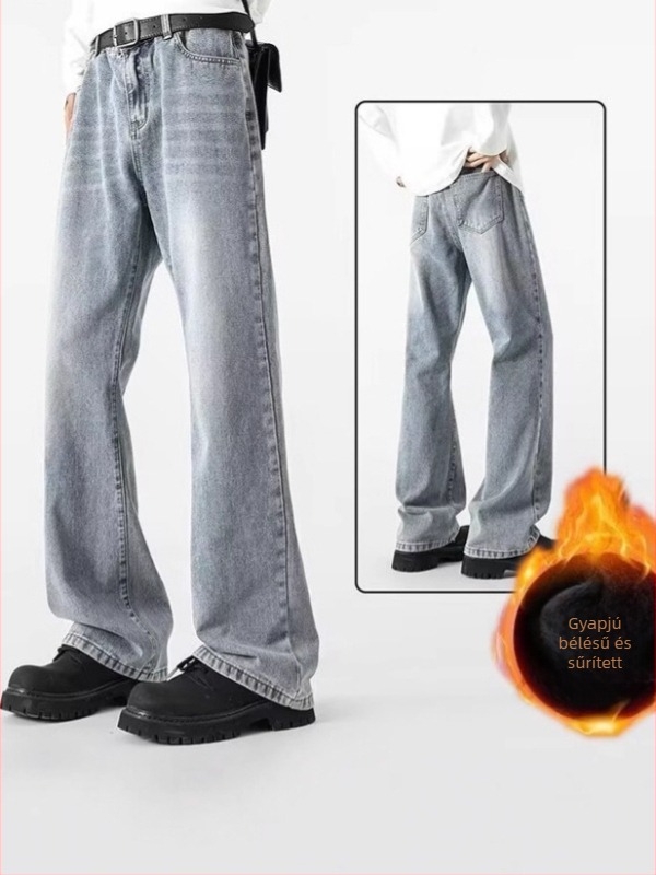 Férfi denim nadrág mikro flare-rel és fleece béléssel, amerikai stílusú egyenes szárú mindennapi farmer