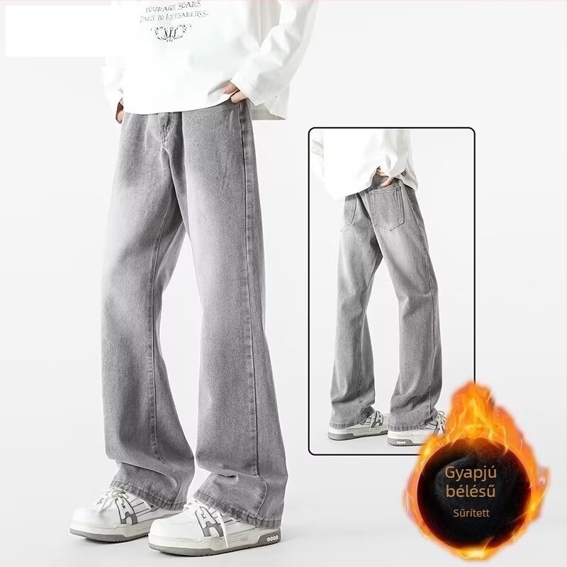 Férfi denim nadrág mikro flare-rel és fleece béléssel, amerikai stílusú egyenes szárú mindennapi farmer