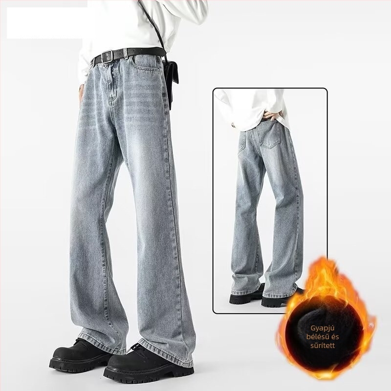 Férfi denim nadrág mikro flare-rel és fleece béléssel, amerikai stílusú egyenes szárú mindennapi farmer