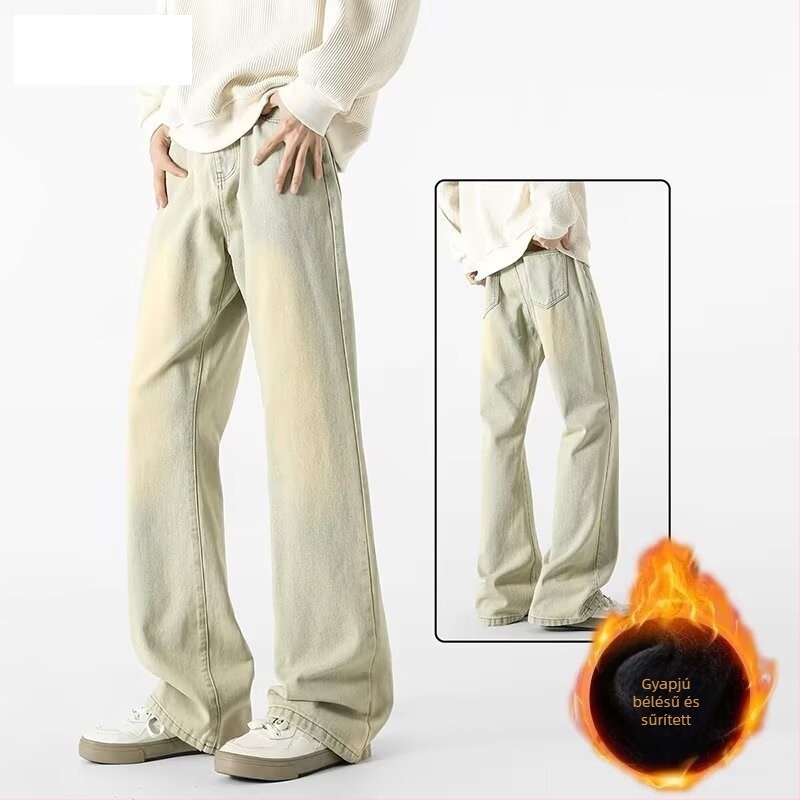 Férfi denim nadrág mikro flare-rel és fleece béléssel, amerikai stílusú egyenes szárú mindennapi farmer