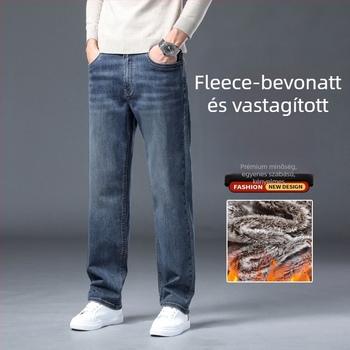 Férfi denim nadrág fleece belsővel, lazán egyenes szabás, középmagas derék, cipzár