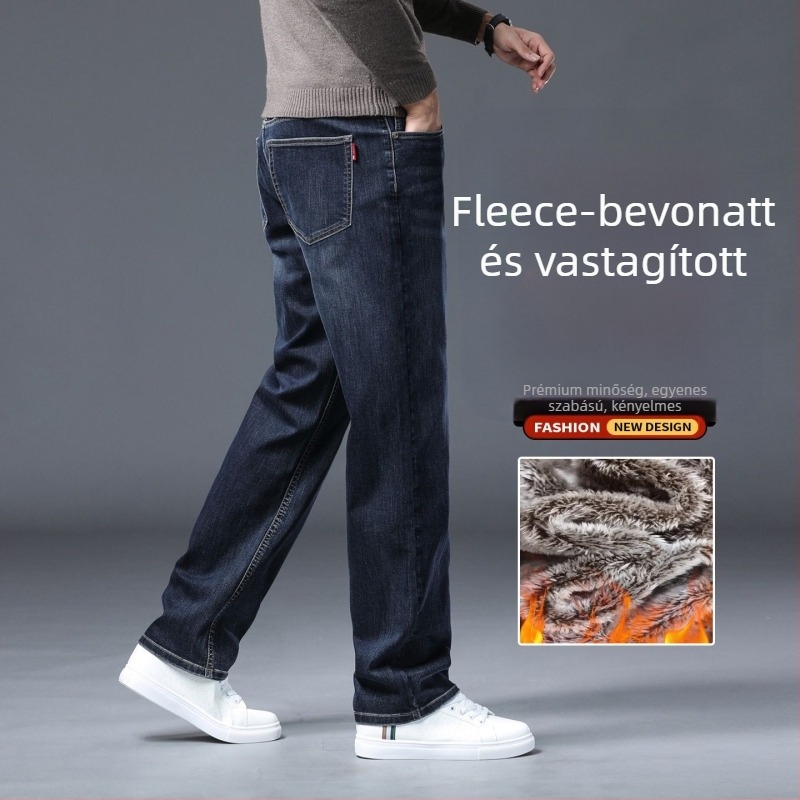 Férfi denim nadrág fleece belsővel, lazán egyenes szabás, középmagas derék, cipzár