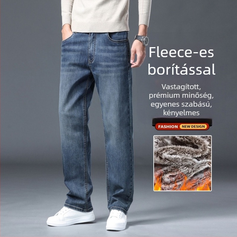 Férfi denim nadrág fleece belsővel, lazán egyenes szabás, középmagas derék, cipzár