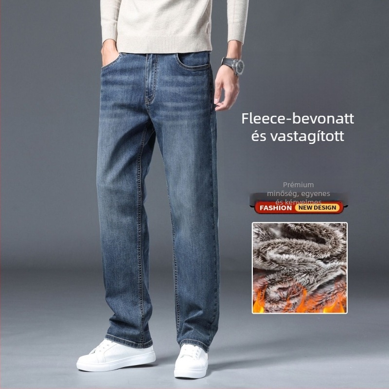 Férfi denim nadrág fleece belsővel, lazán egyenes szabás, középmagas derék, cipzár