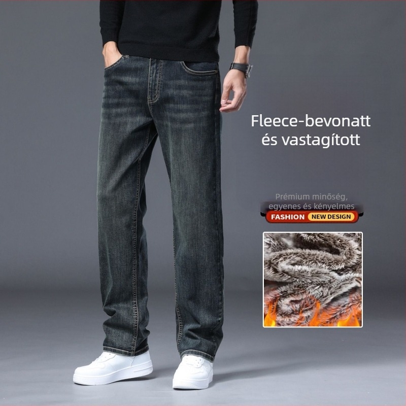 Férfi denim nadrág fleece belsővel, lazán egyenes szabás, középmagas derék, cipzár