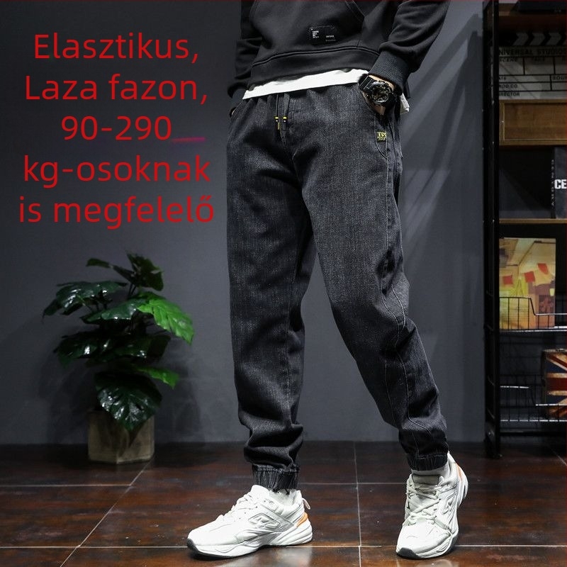 Pluszméretű férfi farmer, laza szabás, elasztikus derék, extra széles szárú, jogger stílus