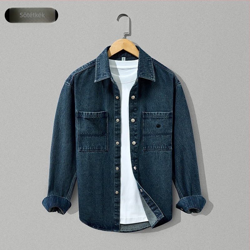 Férfi 100% pamut-denim vastagított ingdzseki, laza szabás, hosszú ujjú, zsebes