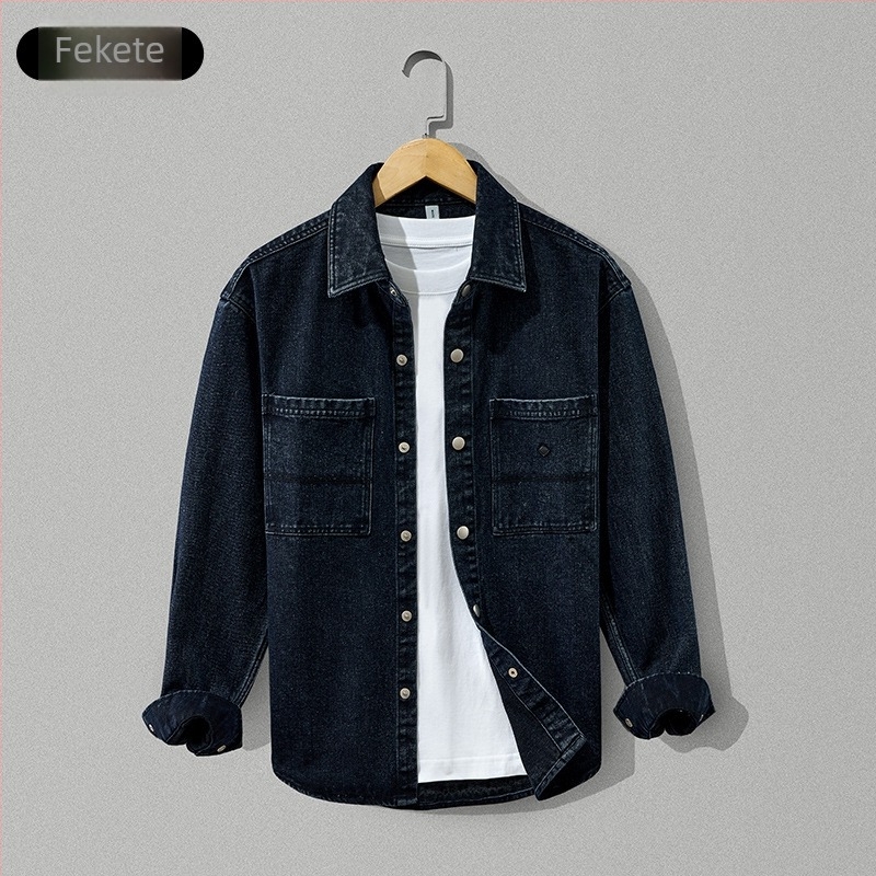 Férfi 100% pamut-denim vastagított ingdzseki, laza szabás, hosszú ujjú, zsebes