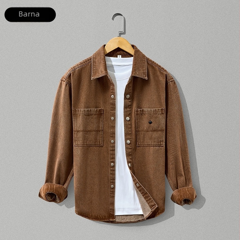 Férfi 100% pamut-denim vastagított ingdzseki, laza szabás, hosszú ujjú, zsebes