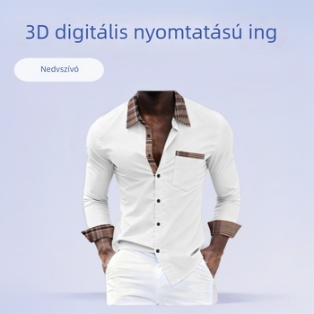 Férfi hosszú ujjú ing, elöl nyitott placketen nyomtatás, kontrasztos zsebdetail, hétköznapi viselet, gyűrődésmentes, 3D-digitális nyomtatás