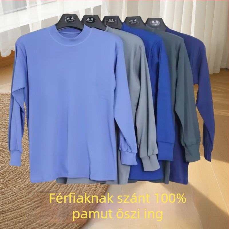 Férfi őszi pamut pulóver fél-turtleneck galléval, egyrétegű, vast anyagú, 100% pamut