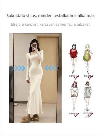 Kötött ruha fishtail fazonnal, elasztikus derékkal, négyzet alakú gallér, hosszú ujjú