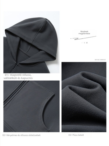Női kapucnis cipzáros pulóver, poliészter–spandex anyag (80–90% poliészter), hosszú ujjú, koreai inspirációjú munkaruházat