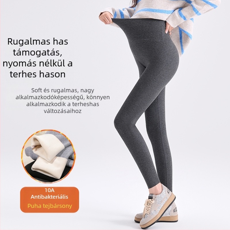 Kismama téli fleece-betétes leggings, karcsúsított fazon, függőleges csíkok, has támasztás, kényelmes