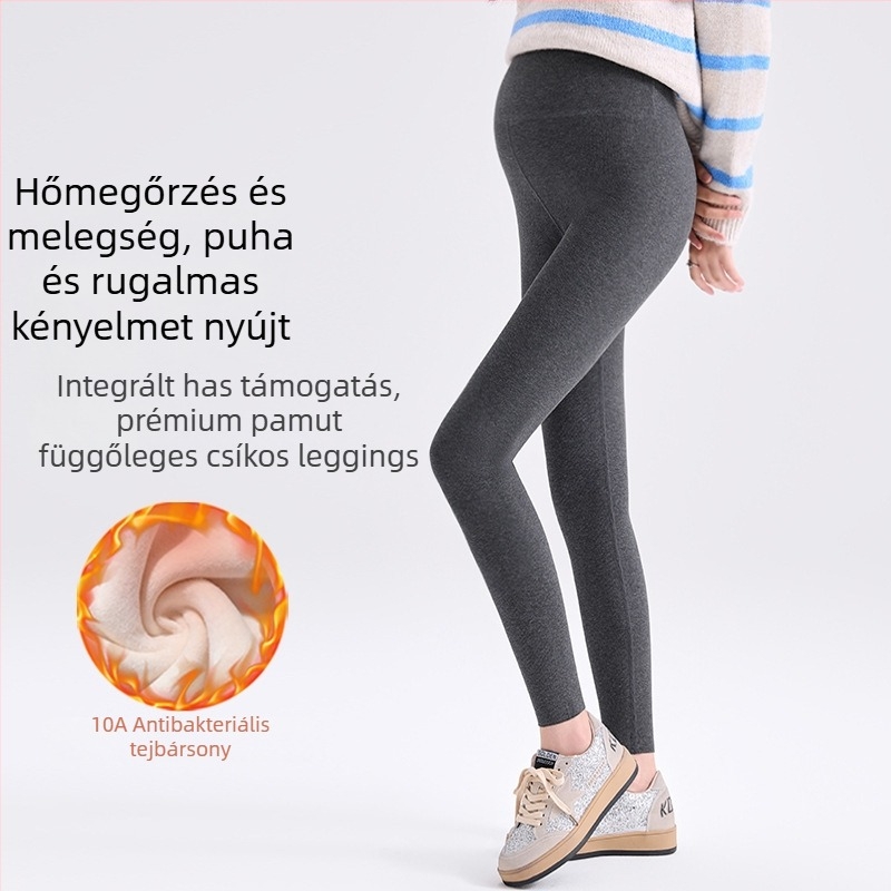 Kismama téli fleece-betétes leggings, karcsúsított fazon, függőleges csíkok, has támasztás, kényelmes